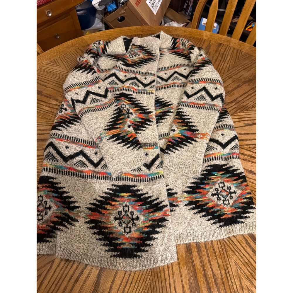 Dreamers by Debut Southwestern Open Front Cardigan Oatmeal Geometric C7927 Med